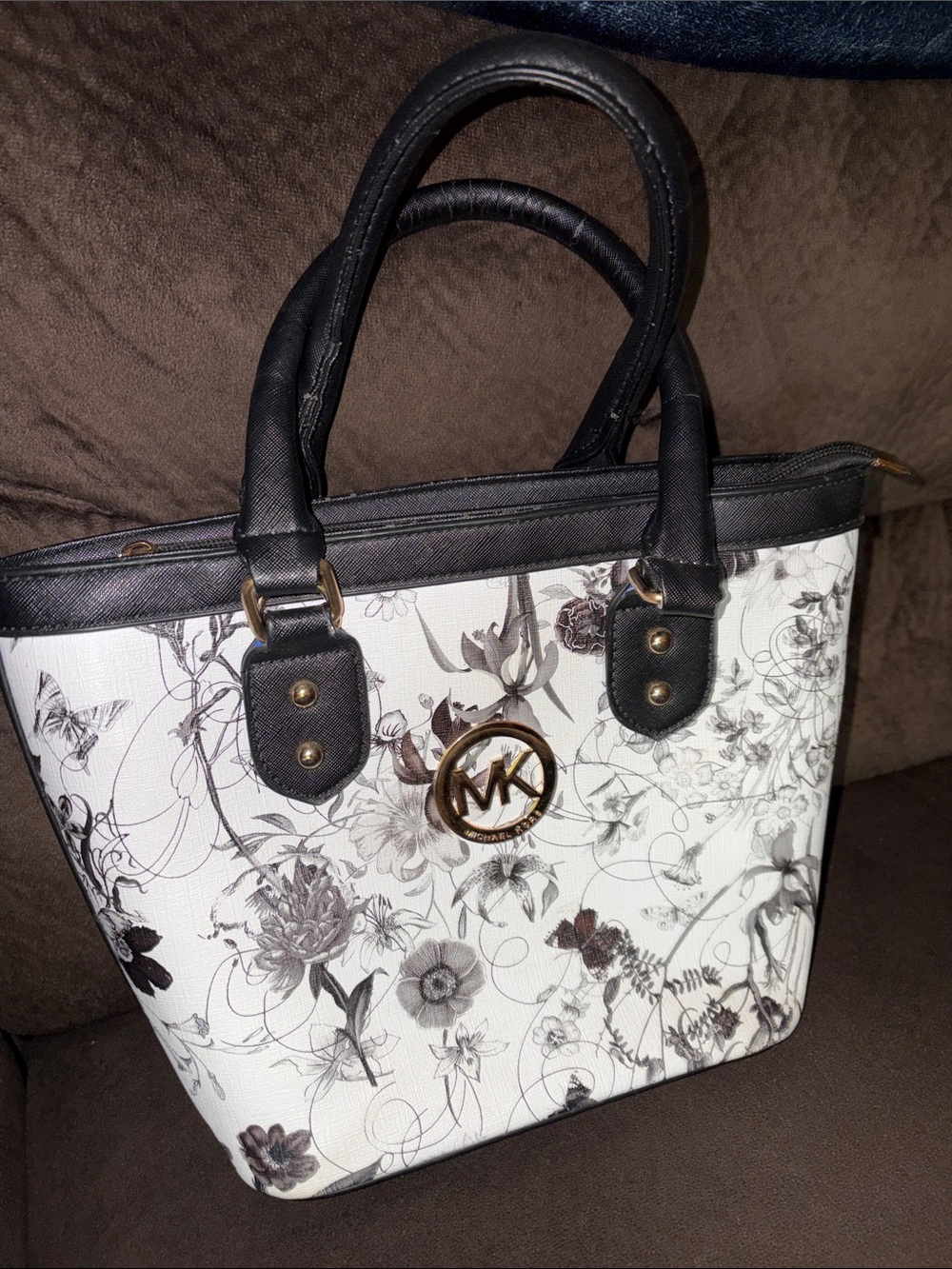 Michael Kors White Floral Tote with Black Trim